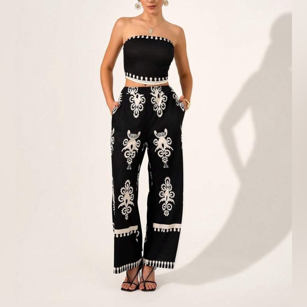 NEW Black and White Strapless Tube Top with Patterned Pants Set